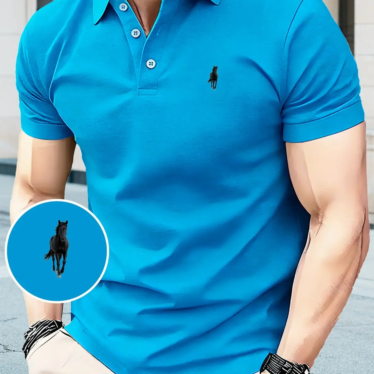 Men's Black Polo Shirt Horse Print Short