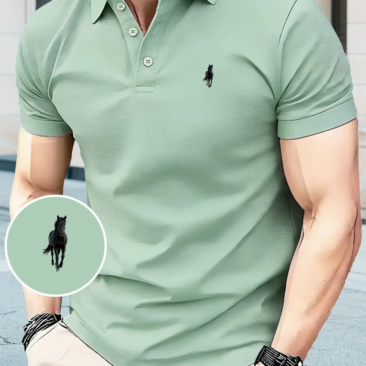 Men's Black Polo Shirt Horse Print Short