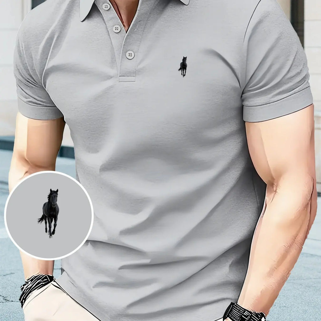 Men's Black Polo Shirt Horse Print Short