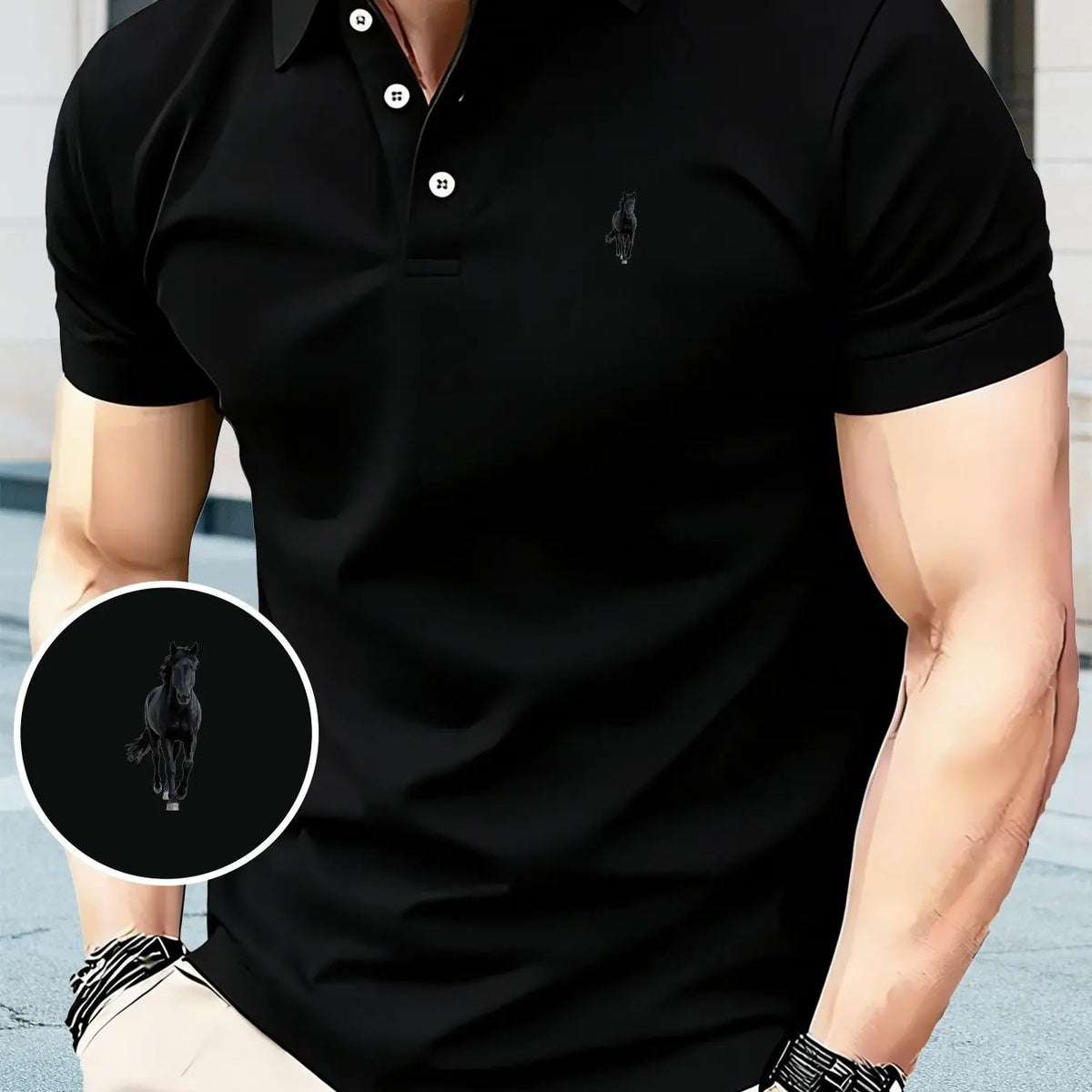 Men's Black Polo Shirt Horse Print Short
