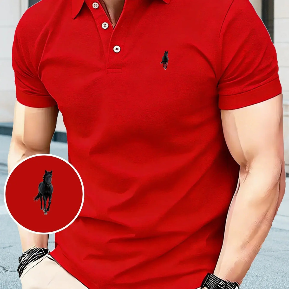 Men's Black Polo Shirt Horse Print Short